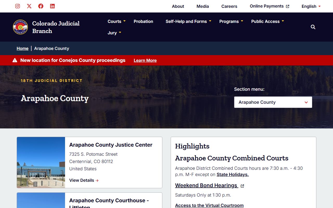 Arapahoe County Court main page for dissolution of marriage cases