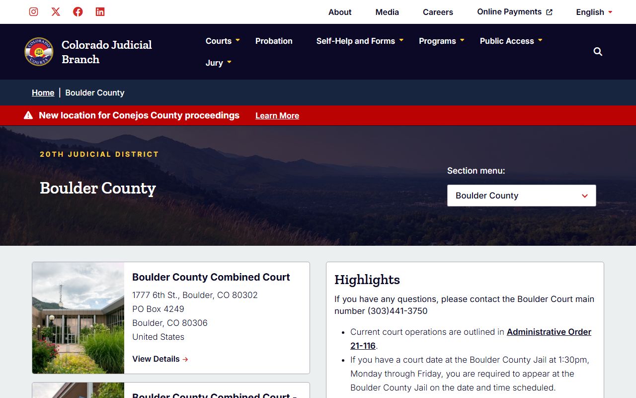 Boulder County Court main page for dissolution of marriage cases in Boulder County