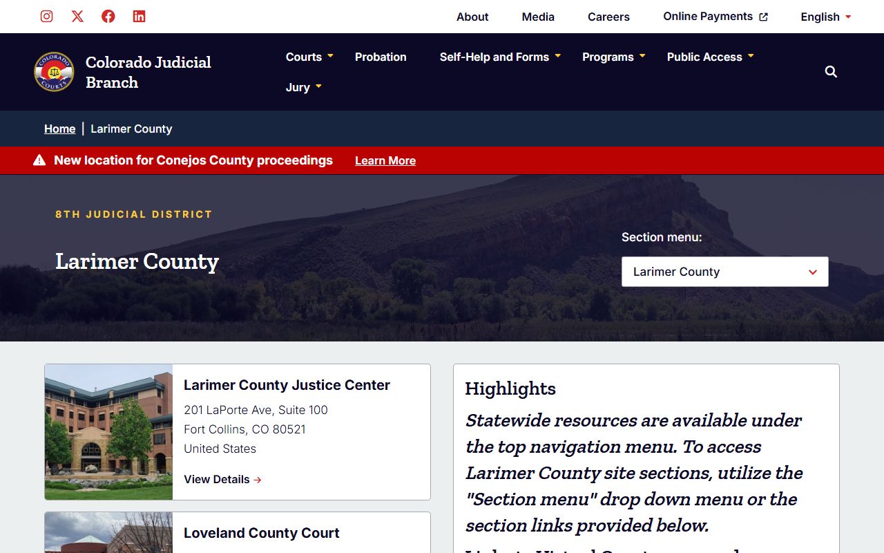 Larimer County Court main page for dissolution of marriage cases in Larimer County