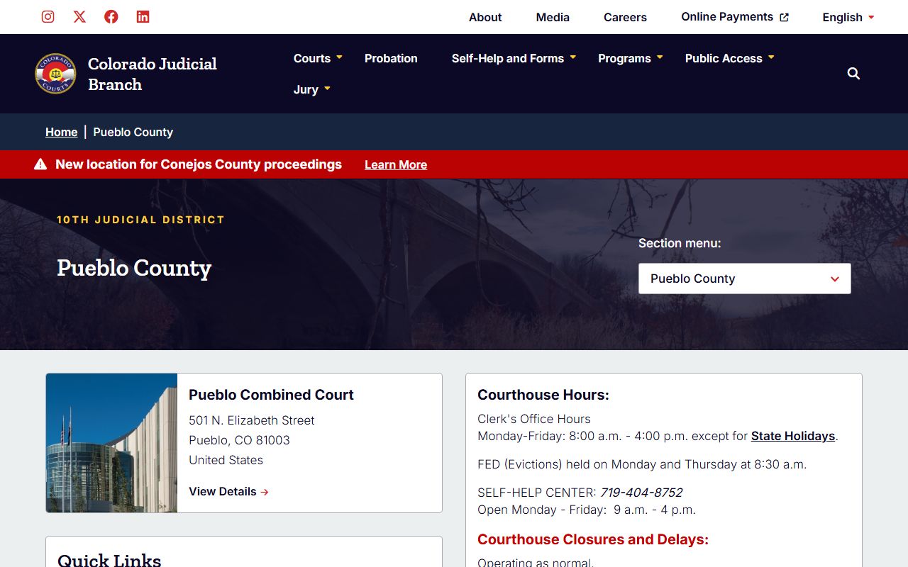 Pueblo County Court main page for dissolution of marriage records in Pueblo County