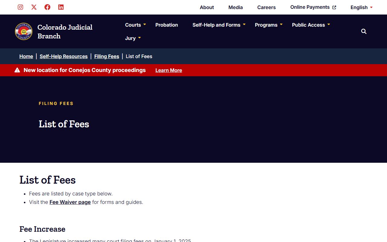 Complete fee schedule for Colorado dissolution of marriage and court filings