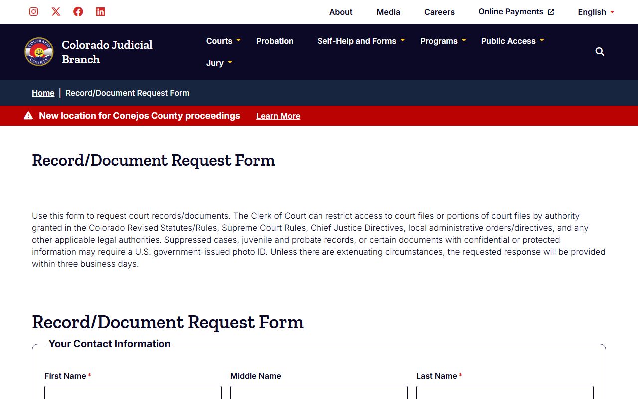 Colorado online records request form for dissolution of marriage documents