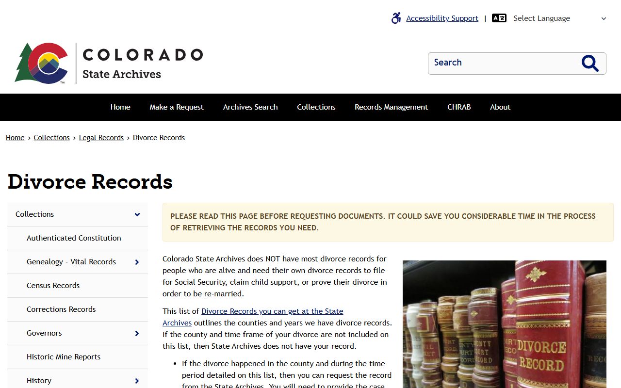 Colorado State Archives page for dissolution of marriage records with county and year listings